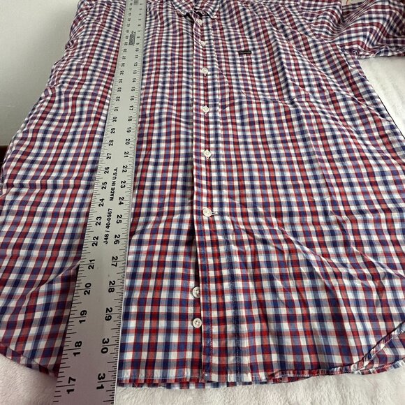 Faconnable Mens Red Blue Checkered Short-Sleeve Button-Down Shirt Large Cotton - Picture 7 of 7